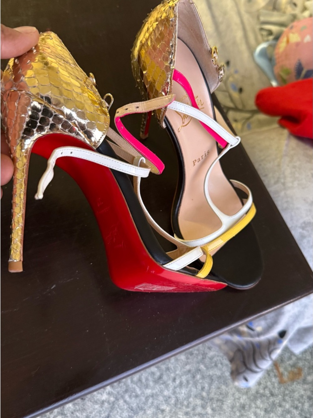 Christian Louboutin Yellow, Pink & White Patent Leather Strappy Heels - Picture 2 of 3